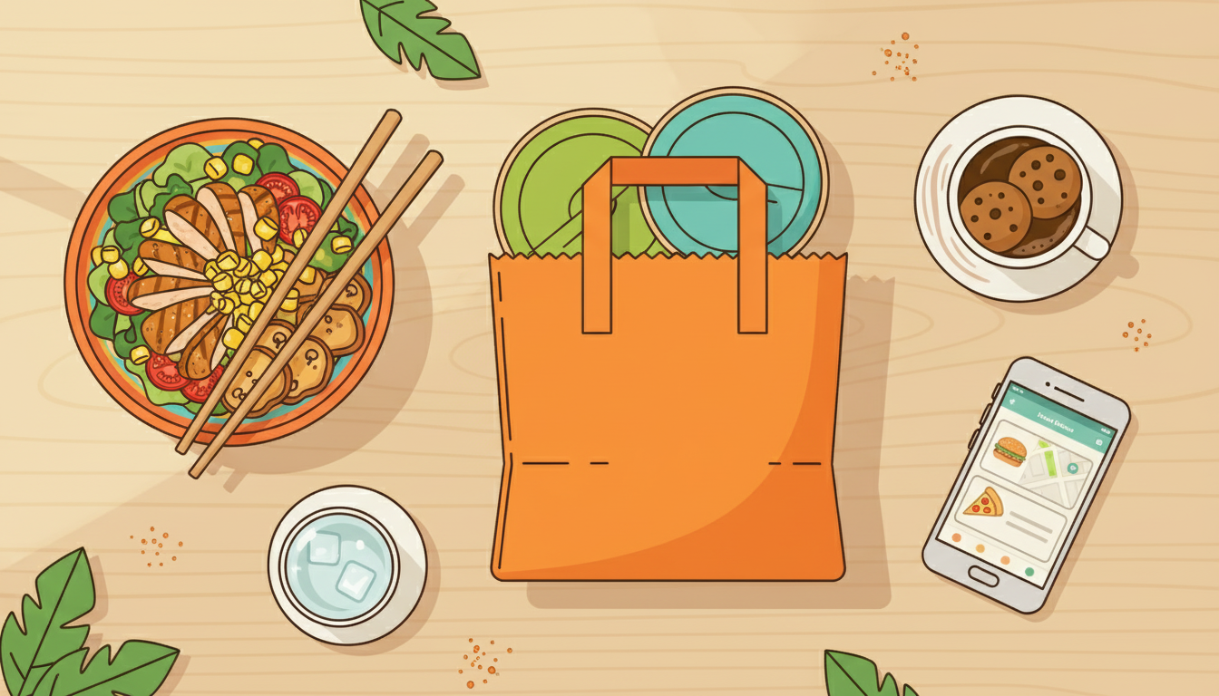 A vibrant, overhead flat lay scene showing various restaurant dining experiences: a delivery bag with takeout containers, a colorful bowl of fresh food, chopsticks, a coffee cup, and a smartphone displaying a food delivery app interface. Include warm, inviting colors with natural lighting and a modern, clean aesthetic. Focus on the diversity of dining options from casual to delivery.