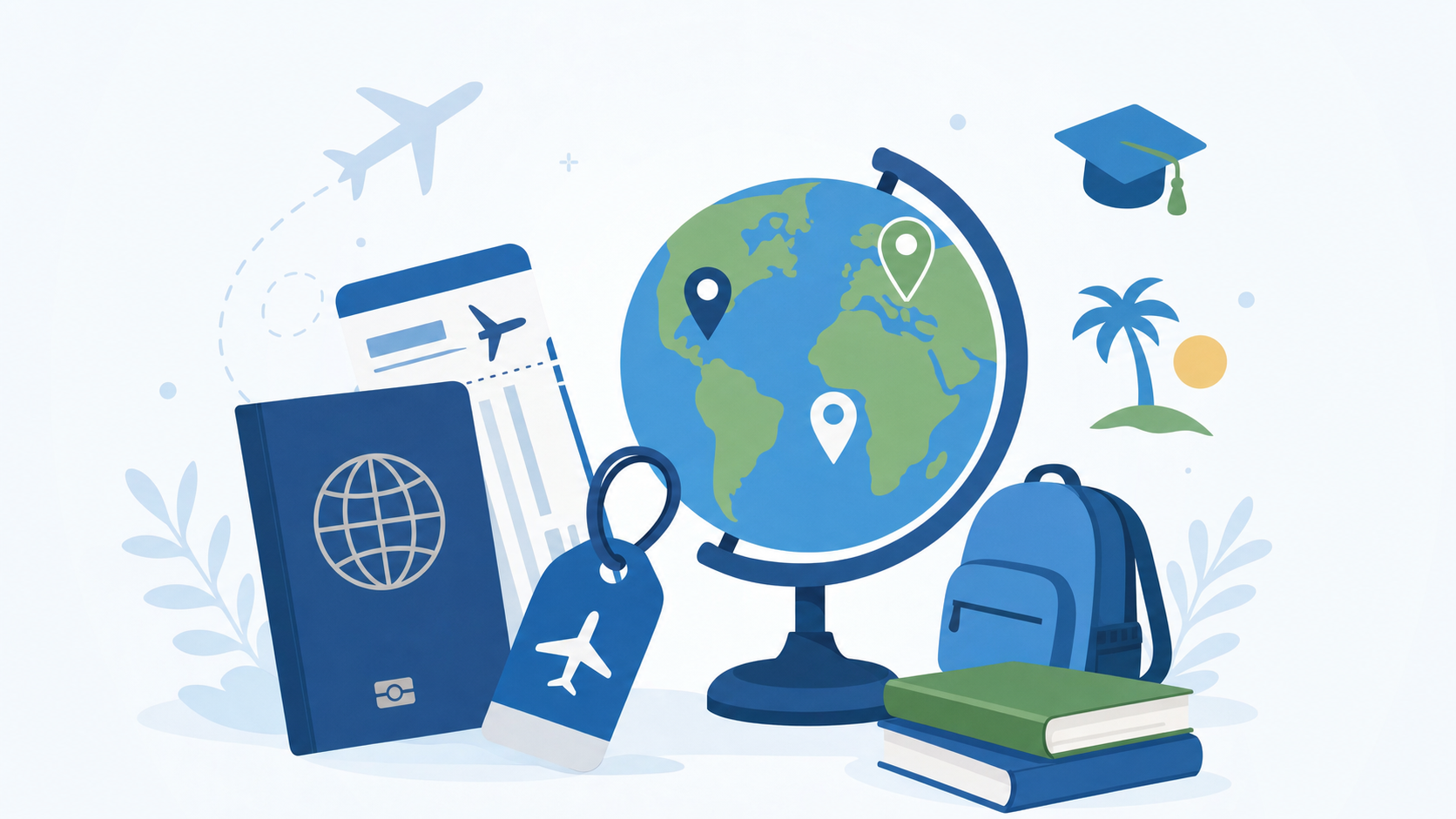 A clean, modern illustration showing travel-related items for a college student: a passport, boarding pass, luggage tag, and a globe with destination pins. Minimalist flat design in blue and green tones. Light background with subtle airplane silhouette. Icons for study abroad and spring break travel. No text or labels.