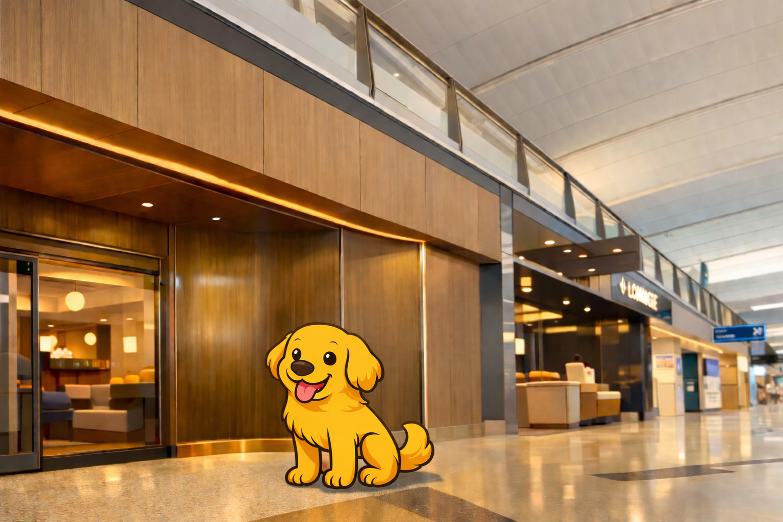 Illustration of a golden retriever outside an airport lounge